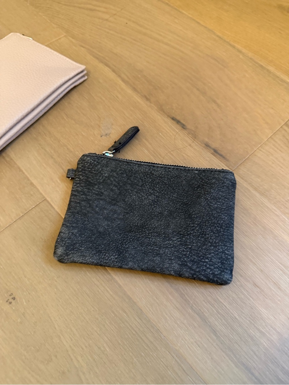 Black Textured Leather Zip Pouch